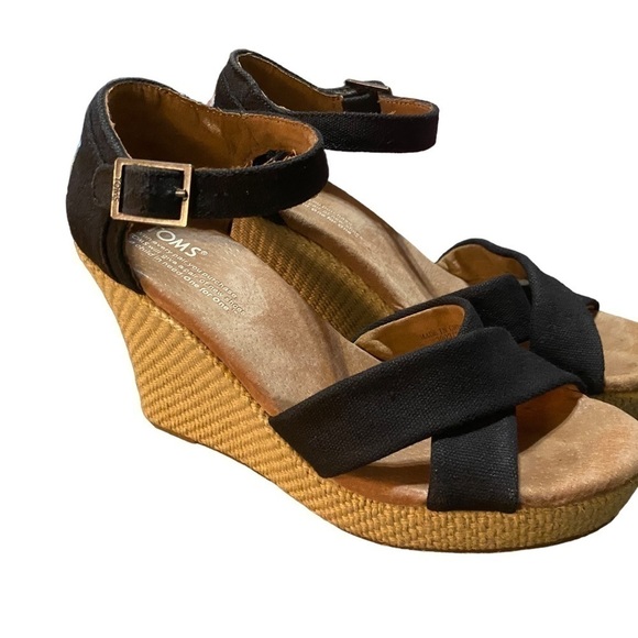 𝅺ATMS Sienna Blk Crsscrss Opn Toe Wvn Wedge Sndl - Picture 1 of 3